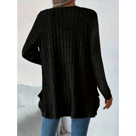 Women'S Elegant Solid Color Cardigan with Pockets - Long Sleeve, Crew Neck, Ribbed Knit Open Front Sweater for Spring & Fall, Plus Size Friendly, Sweater Front Opening | Ribbed Texture Design | Open front cardigan, Sweater Cardiga