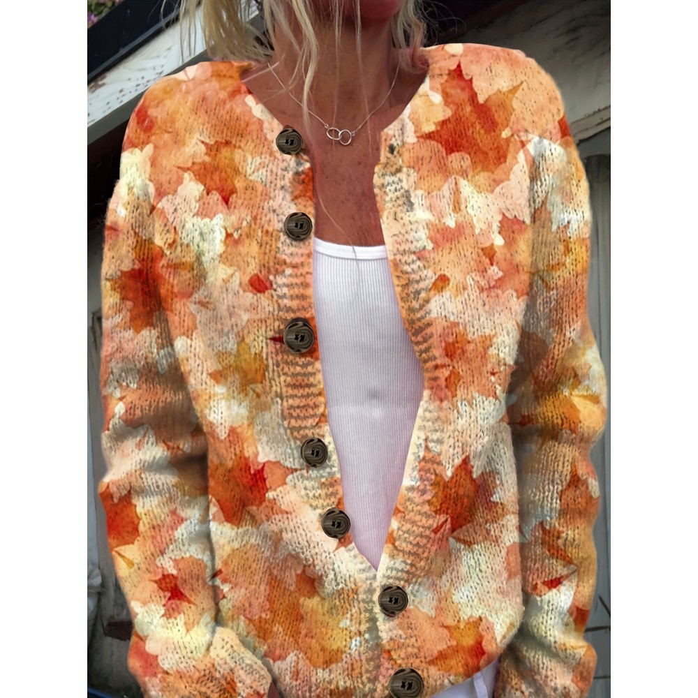 Plus Size - Plus Size, Women'S Plus Size Lightweight Floral Print Cardigan - Vibrant Orange & Yellow All-Over Flower Pattern, Elegant Round Neck Long Sleeve Sweater Coat, Non-Stretch Fabric Fall Winter Outerwear for Casual to Formal Wear