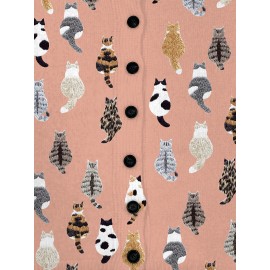 [Playful Design] Plus Size - Women's Lightweight Sweater Jacket - Pastel Pink With Black & White Animal Print, Button-Front Closure, Non-Bulky Long Sleeve Cardigan For Fall/Winter, Everyday & Formal Outfits - Position BK 052032, Fall Fashion, Playful Design, Comfortable Fit, Stylish Outerwear, Fashion Lovers, Cat Cardigan/Sweater For Women, Cardigan For Curvy Women, Curve Cat Print, Cardigans Women Good Quality, Vest Woman Large Size With Sleeve