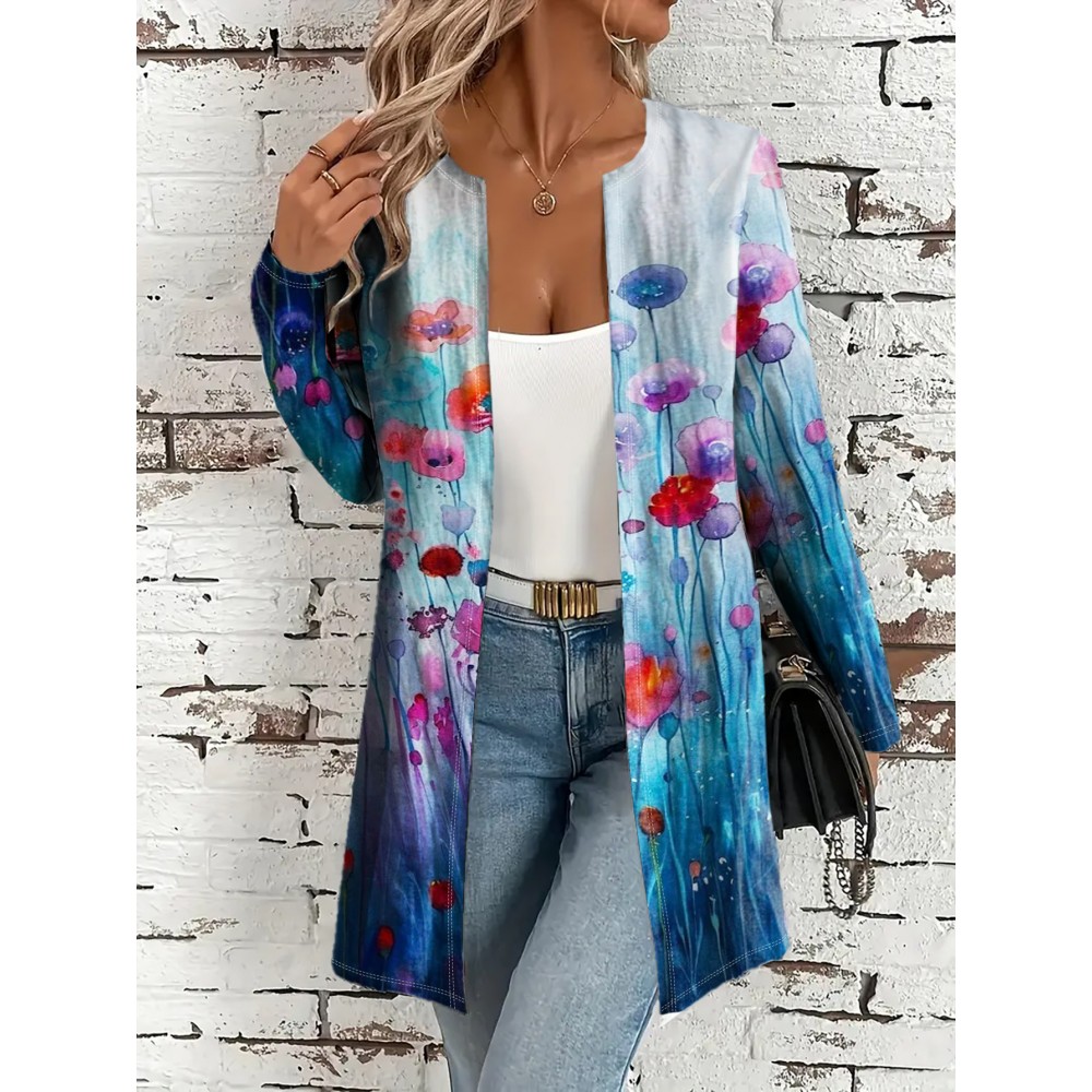 Plus Size - Plus Size Women'S Floral Print Long Sleeve Cardigan - Oversized Coat with Vibrant Multicolor Flower Pattern, Soft Warm Winter Sweater for Casual Commuting, Outings & Parties, Versatile Layering Piece (No Collar Design