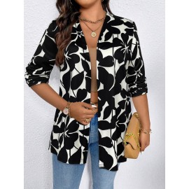 Plus Size - Plus-Size Women'S Elegant Black Floral Print Cardigan - V-Neck Long Sleeve Open Front Sweater with White Poppies & Black Floral Pattern, Cozy Fall Winter Sweater for Office, Casual & Casual Attire, Versatile Layering Piece for Women
