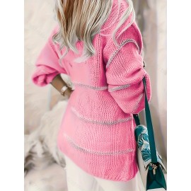 [Chic Cardigan] Plus Size Women's Chic Color-Block Striped V-Neck Cardigan | Long Sleeve, Beige & White, Casual Fall/Winter Outerwear with Lace Detail, Lace Trim