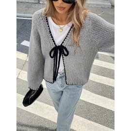 Plus Size - Women'S Plus Size V-Neck Cardigan - Soft, Cozy, and Stylish with Contrast Bow Detail, Long Sleeve, Button-Up Front, Perfect For Fall/winter, Casual Wear, Casual Wear Cardigan | Vneck Cardig