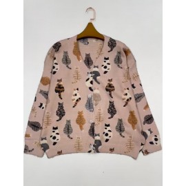 Plus Size - Plus Size Women'S Cozy Cat Print V-Neck Cardigan - Long Sleeve, Button-Up, Casual Fall/Winter Sweater with Pockets, Brown & White Cat Design, Perfect for Casual Attire, Cozy Fall Wear | Playful Print Cardigan | Construction