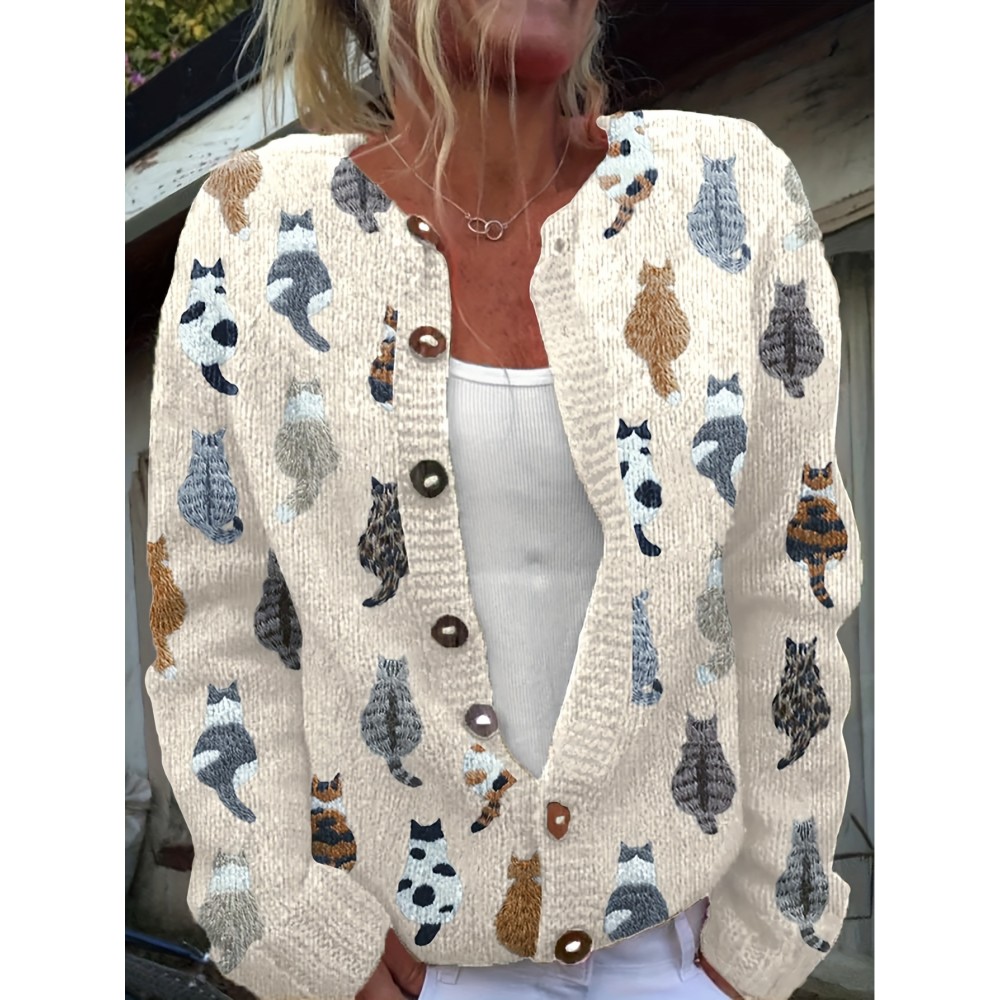 Plus Size - Women'S Cardigan Long Sleeved Jacket Sweater Women'S Casual Cat Print Cardigan- Long Sleeve Round Neck Button Open Front Sweater, Machine Washable Spring And Autumn Layering Top, Durable Shirt
