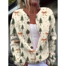 Women'S Christmas Tree 3D Print Cardigan Sweater, 100% Polyester Crewneck Knit Sweater, Button Details, Casual Wear For All Seasons