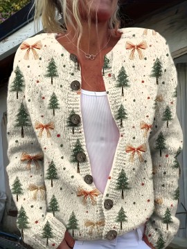 Women'S Christmas Tree 3D Print Cardigan Sweater, 100% Polyester Crewneck Knit Sweater, Button Details, Casual Wear For All Seasons