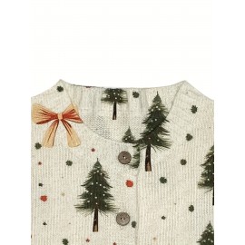 Women'S Christmas Tree 3D Print Cardigan Sweater, 100% Polyester Crewneck Knit Sweater, Button Details, Casual Wear For All Seasons