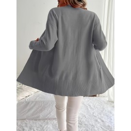 Elegant Oversized Long Sleeve Cardigan for Women - Solid Color, Medium Stretch, with Pockets, Fall/Winter Fashion, Plus Size, Pink