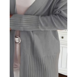 Elegant Oversized Long Sleeve Cardigan for Women - Solid Color, Medium Stretch, with Pockets, Fall/Winter Fashion, Plus Size, Pink