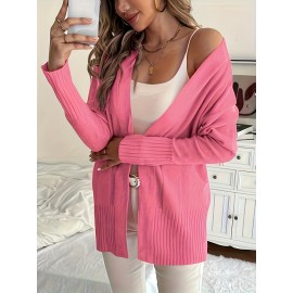 Elegant Oversized Long Sleeve Cardigan for Women - Solid Color, Medium Stretch, with Pockets, Fall/Winter Fashion, Plus Size, Pink