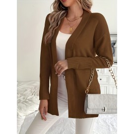 Elegant Oversized Long Sleeve Cardigan for Women - Solid Color, Medium Stretch, with Pockets, Fall/Winter Fashion, Plus Size, Pink
