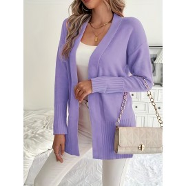 Elegant Oversized Long Sleeve Cardigan for Women - Solid Color, Medium Stretch, with Pockets, Fall/Winter Fashion, Plus Size, Pink