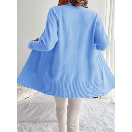 Elegant Oversized Long Sleeve Cardigan for Women - Solid Color, Medium Stretch, with Pockets, Fall/Winter Fashion, Plus Size, Pink