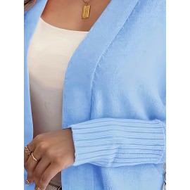 Elegant Oversized Long Sleeve Cardigan for Women - Solid Color, Medium Stretch, with Pockets, Fall/Winter Fashion, Plus Size, Pink