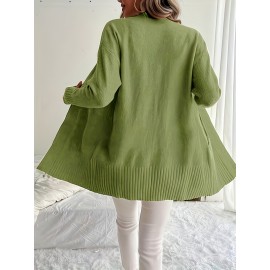 Elegant Oversized Long Sleeve Cardigan for Women - Solid Color, Medium Stretch, with Pockets, Fall/Winter Fashion, Plus Size, Pink