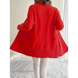 Elegant Oversized Long Sleeve Cardigan for Women - Solid Color, Medium Stretch, with Pockets, Fall/Winter Fashion, Plus Size, Pink