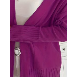 Elegant Oversized Long Sleeve Cardigan for Women - Solid Color, Medium Stretch, with Pockets, Fall/Winter Fashion, Plus Size, Pink