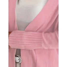 Elegant Oversized Long Sleeve Cardigan for Women - Solid Color, Medium Stretch, with Pockets, Fall/Winter Fashion, Plus Size, Pink