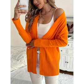Elegant Oversized Long Sleeve Cardigan for Women - Solid Color, Medium Stretch, with Pockets, Fall/Winter Fashion, Plus Size, Pink