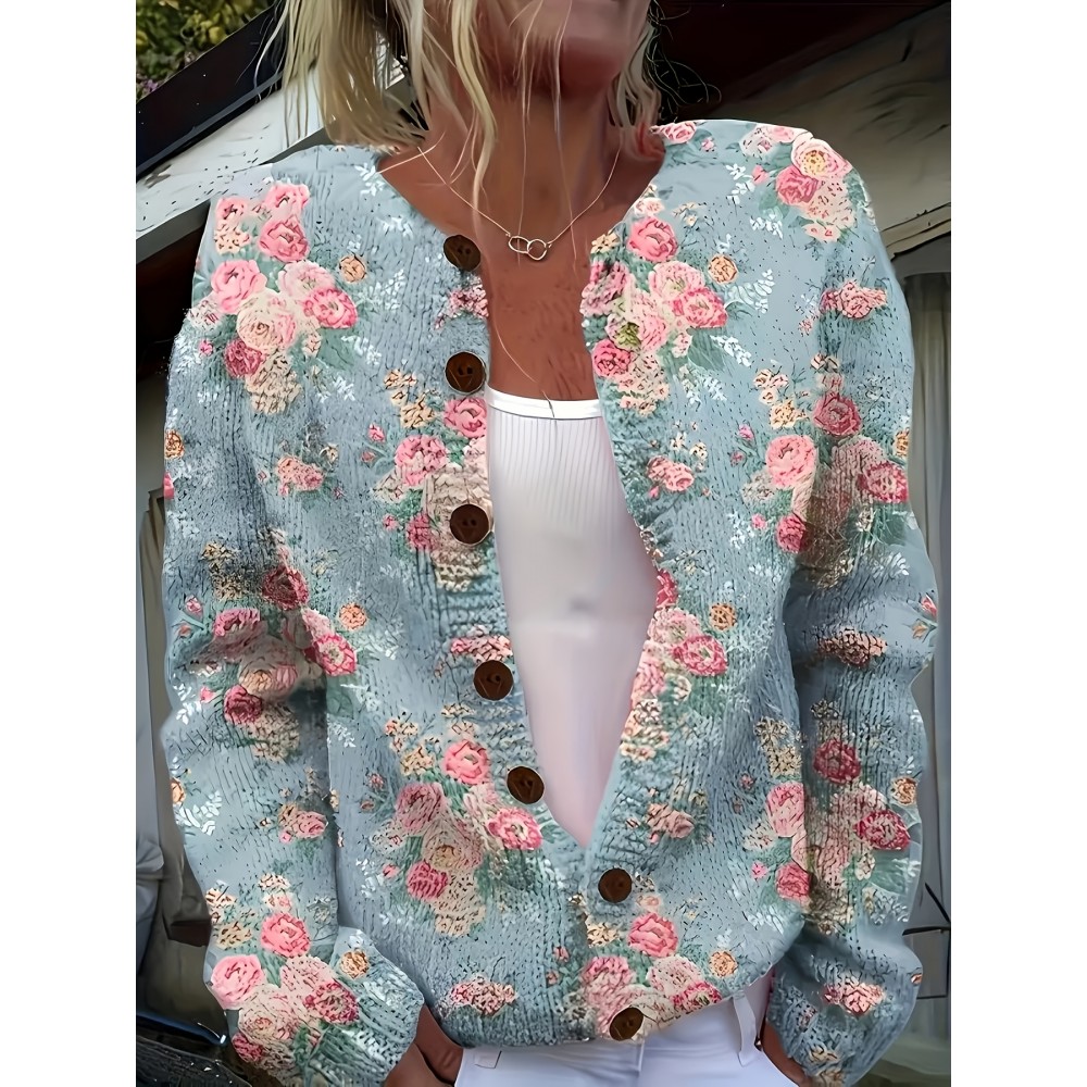 Plus Size - Women'S Plus Size 3D Floral Print Cardigan - Pink, White & Light Blue Long-Sleeve Casual Button-Up Jacket, Soft Lightweight Round Neck Layered Top for Spring & Fall, Autumn Outerwear, Spring Outerwear Single Layer Jacket, Lightweight Cardigan, Spring Fall Wear, Round Neck Design, Soft Texture