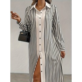 Women's Elegant A-Line Dress with Striped Cardigan & Mid-Length Dress - Asymmetrical Hem, Collar, Loose Fit, A-Line Silhouette, Straight Sleeve Cardigan for Spring/Autumn Wear, Machine Washable Dress Suitable for, Semi-Formal Events