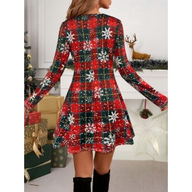 Women's Christmas Plaid Dress with Tartan Print & Snowflake Patterns - Long Sleeve A-Line Short to Mid-Length Holiday Party Dress (Red/Green/Black) - Machine Washable Winter Outfit for Xmas, New Year's Eve & Seasonal Events