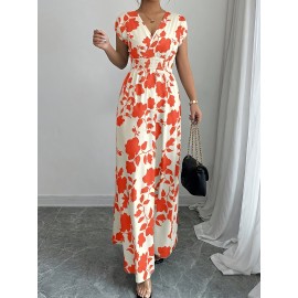 Elegant Pink Floral Maxi Dress with V-Neck and Short Sleeves - Flowing A-Line Silhouette, Cinched Waist, Perfect for Spring/Fall, Casual to Formal Wear, Casual Elegant Wear | Floral Print Dress | Cinched Waist Design