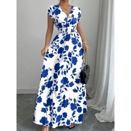 Elegant Pink Floral Maxi Dress with V-Neck and Short Sleeves - Flowing A-Line Silhouette, Cinched Waist, Perfect for Spring/Fall, Casual to Formal Wear, Casual Elegant Wear | Floral Print Dress | Cinched Waist Design