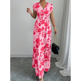 Elegant Pink Floral Maxi Dress with V-Neck and Short Sleeves - Flowing A-Line Silhouette, Cinched Waist, Perfect for Spring/Fall, Casual to Formal Wear, Casual Elegant Wear | Floral Print Dress | Cinched Waist Design