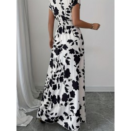 Elegant Pink Floral Maxi Dress with V-Neck and Short Sleeves - Flowing A-Line Silhouette, Cinched Waist, Perfect for Spring/Fall, Casual to Formal Wear, Casual Elegant Wear | Floral Print Dress | Cinched Waist Design