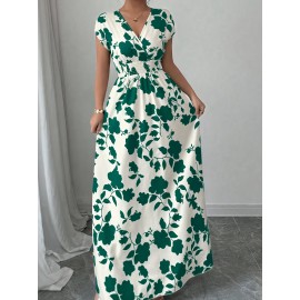 Elegant Pink Floral Maxi Dress with V-Neck and Short Sleeves - Flowing A-Line Silhouette, Cinched Waist, Perfect for Spring/Fall, Casual to Formal Wear, Casual Elegant Wear | Floral Print Dress | Cinched Waist Design