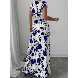 Elegant Pink Floral Maxi Dress with V-Neck and Short Sleeves - Flowing A-Line Silhouette, Cinched Waist, Perfect for Spring/Fall, Casual to Formal Wear, Casual Elegant Wear | Floral Print Dress | Cinched Waist Design