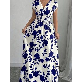 Elegant Pink Floral Maxi Dress with V-Neck and Short Sleeves - Flowing A-Line Silhouette, Cinched Waist, Perfect for Spring/Fall, Casual to Formal Wear, Casual Elegant Wear | Floral Print Dress | Cinched Waist Design