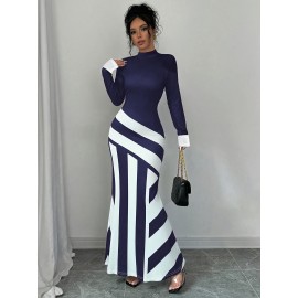 Women's Elegant High Neck Striped Bodycon Fish Tail Dress - Machine Washable Medium Stretch Midi Dress for Spring/Fall, Office & Casual Wear