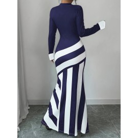 Women's Elegant High Neck Striped Bodycon Fish Tail Dress - Machine Washable Medium Stretch Midi Dress for Spring/Fall, Office & Casual Wear