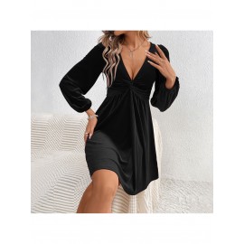 Women's Elegant Vintage Luxury Deep V-Neck Wedding Dress - Waist-Cinching A-Line Evening Gown with Long Sleeves, Tailored Fall/Winter Formal Party Gala Attire, V-Neck A-Line Dress (Machine Washable)