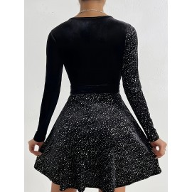 Women'S Elegant Sparkling Sequin V-Neck Long Sleeve Mini Dress - Luxurious Party & Formal Evening Gown with Waist Tie Belt, Shiny Red/Black/Black Sequin Dress for Autumn/Winter, Spring/Summer/Fall Events, Prom, Gala, Everyday Outfits - Comfortable &