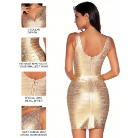 [Sexy Cocktail Dress] Sexy V-neck Bandage Bodycon Cocktail Dress for Wedding Guest Strap Foil Formal Gowns Evening Dress