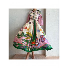 Women'S Retro Patchwork Print Maxi Dress | Belted Long Sleeve Gown for Artistic & Bohemian Chic Style, Geometric-Pattern, Fall/Winter Season, Off the Shoulder Collar, Regular Fit, Flared Hem