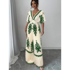 Women's Elegant V-Neck Short Sleeve Jumpsuit with Cinched Waist & Pleated Pants - Loose Fit Wedding Guest Outfit, Summer Party Suit, Machine Washable All-Season Attire