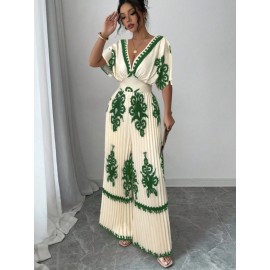 Women's Elegant V-Neck Short Sleeve Jumpsuit with Cinched Waist & Pleated Pants - Loose Fit Wedding Guest Outfit, Summer Party Suit, Machine Washable All-Season Attire