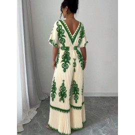 Women's Elegant V-Neck Short Sleeve Jumpsuit with Cinched Waist & Pleated Pants - Loose Fit Wedding Guest Outfit, Summer Party Suit, Machine Washable All-Season Attire