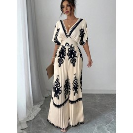 Women's Elegant V-Neck Short Sleeve Jumpsuit with Cinched Waist & Pleated Pants - Loose Fit Wedding Guest Outfit, Summer Party Suit, Machine Washable All-Season Attire