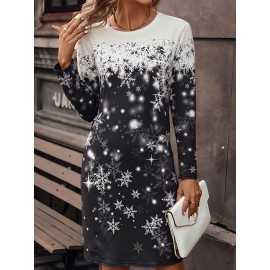 Women's Elegant Winter Dress with Snowflake Pattern - Slim-Fit Curve-Hiding Long Sleeve Party & Commuting Dress, Round Neck Machine Washable Christmas Attire for, Weddings, New Year's Events (Autumn/Winter)