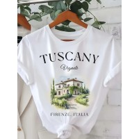 Women'S Italian Travel Graphic T-Shirt - Tuscany Vignetis Firenze Italy Vintage Poster Design - White Crew Neck Top - Stretchy Fabric for Everyday & Vacation Outfits - Plus Size Friendly Casual Shirt, Summer Fashion, Artistic Print, Comfortable Fit, Short Sleeve Tee, Summer Wardrobe, Spring Fashion, Breathable Material, Printed Tee, Fashion Lovers