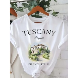 Women'S Italian Travel Graphic T-Shirt - Tuscany Vignetis Firenze Italy Vintage Poster Design - White Crew Neck Top - Stretchy Fabric for Everyday & Vacation Outfits - Plus Size Friendly Casual Shirt, Summer Fashion, Artistic Print, Comfortable Fit, Short Sleeve Tee, Summer Wardrobe, Spring Fashion, Breathable Material, Printed Tee, Fashion Lovers