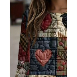 Women's Soft Patchwork Sweater Jacket with Heart & Plaid Print - Winter Warm Coat, Belt-Free Waist Tie, Layered Collar & Round Neck, Machine Washable Long Sleeve Blazer (Brown/Black/Red/Beige/Grey/White/Blue/Pink) - Layered Over Dresses