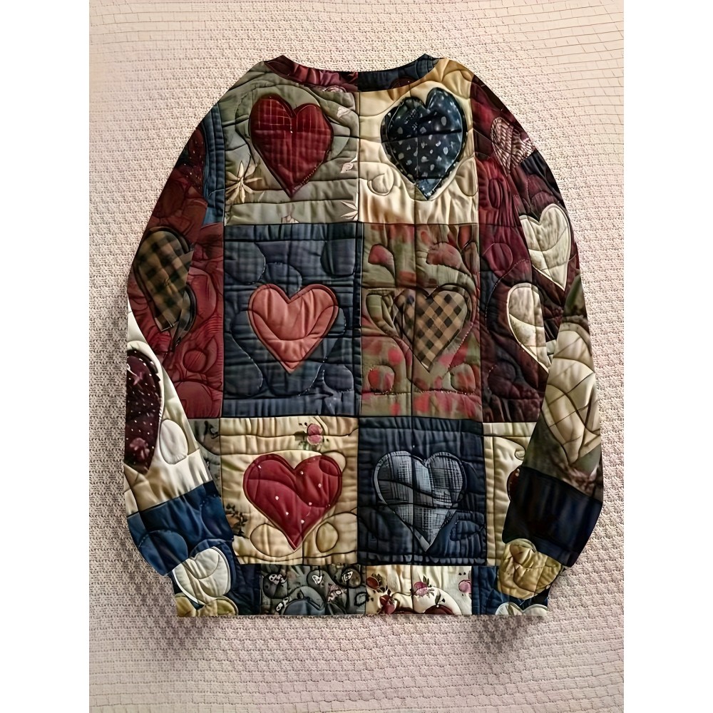 Women's Soft Patchwork Sweater Jacket with Heart & Plaid Print - Winter Warm Coat, Belt-Free Waist Tie, Layered Collar & Round Neck, Machine Washable Long Sleeve Blazer (Brown/Black/Red/Beige/Grey/White/Blue/Pink) - Layered Over Dresses