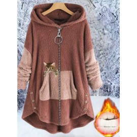 Women's Plus-Size Plush Zip-Up Hooded Jacket with Cat Print & Button Closure - Oversized Winter Warm Coat, Sleeveless Sporty Outerwear for Running, Gym, Casual Outfits - Machine Washable (Brown/Beige/Pink) - Fleece Lining, Pockets, Color Block Design, Relaxed Fit, Suitable for Exercise & Casual Attire, Large Size Casual Sportswear with Plush Material